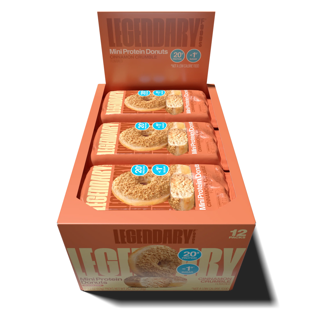 Open box of Cinnamon Crumble Protein Donuts