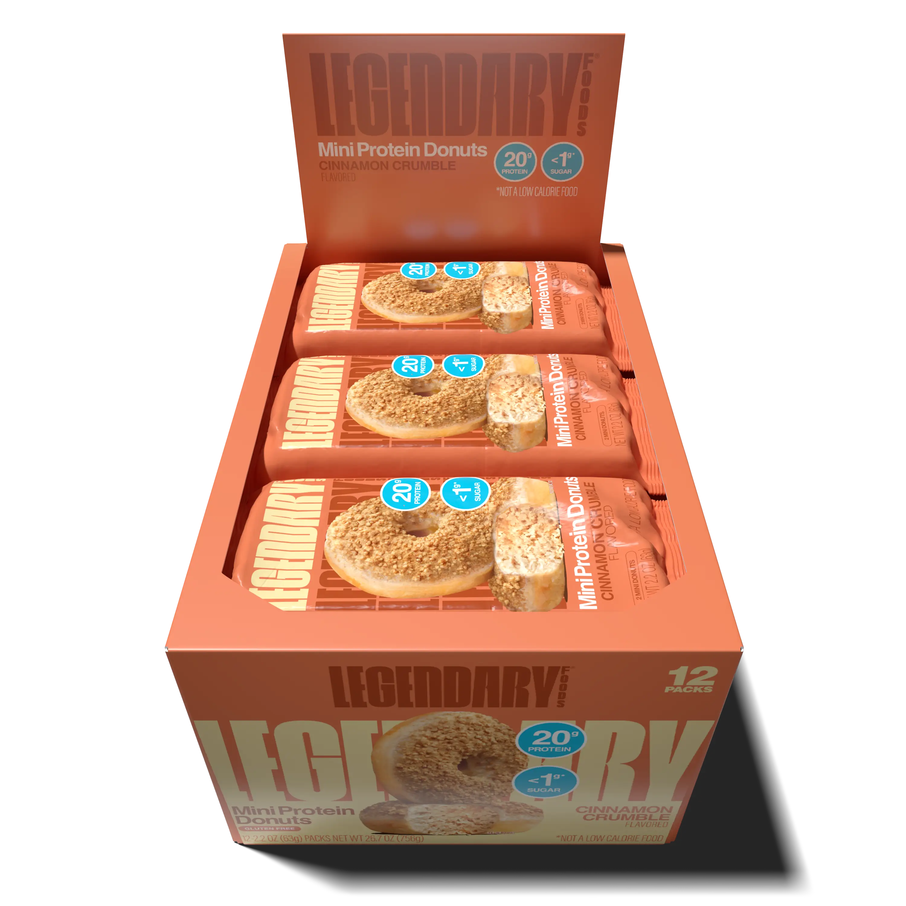 Open box of Cinnamon Crumble Protein Donuts