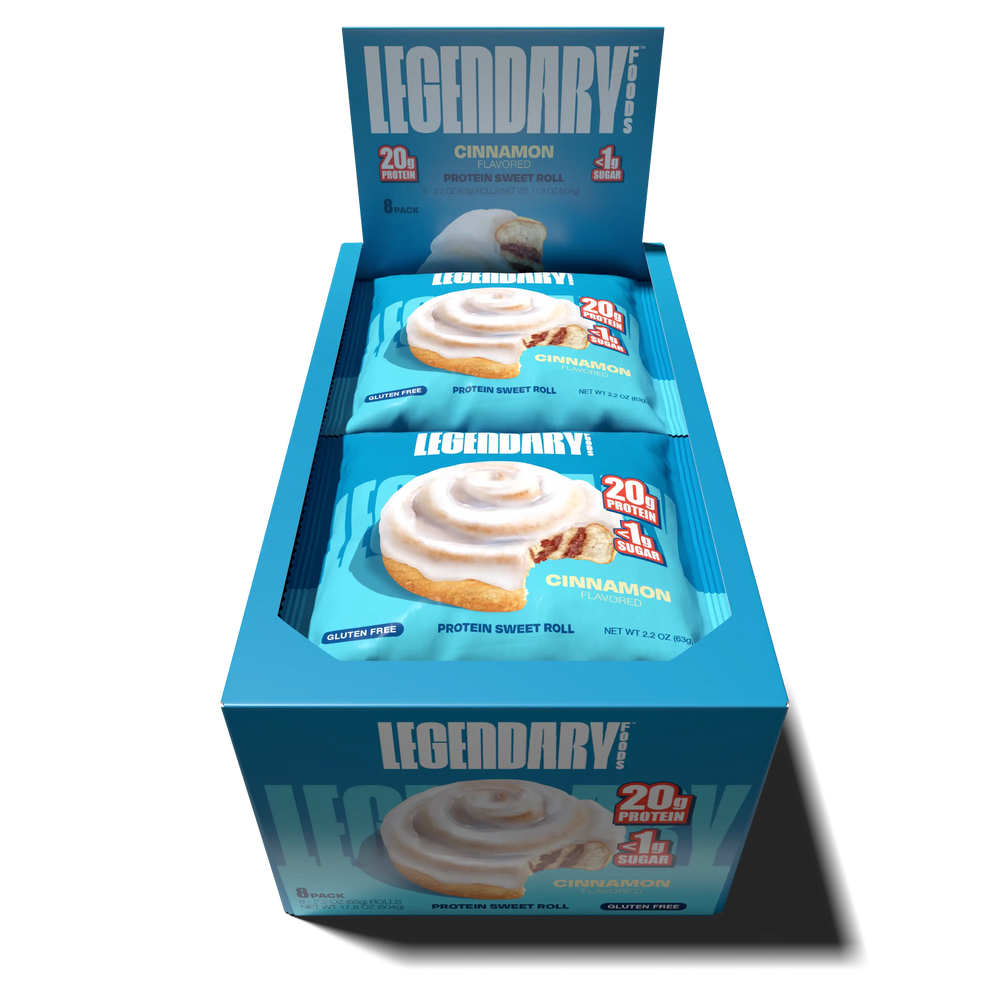 Top-down view of an open box of Legendary Foods Cinnamon Protein Sweet Roll