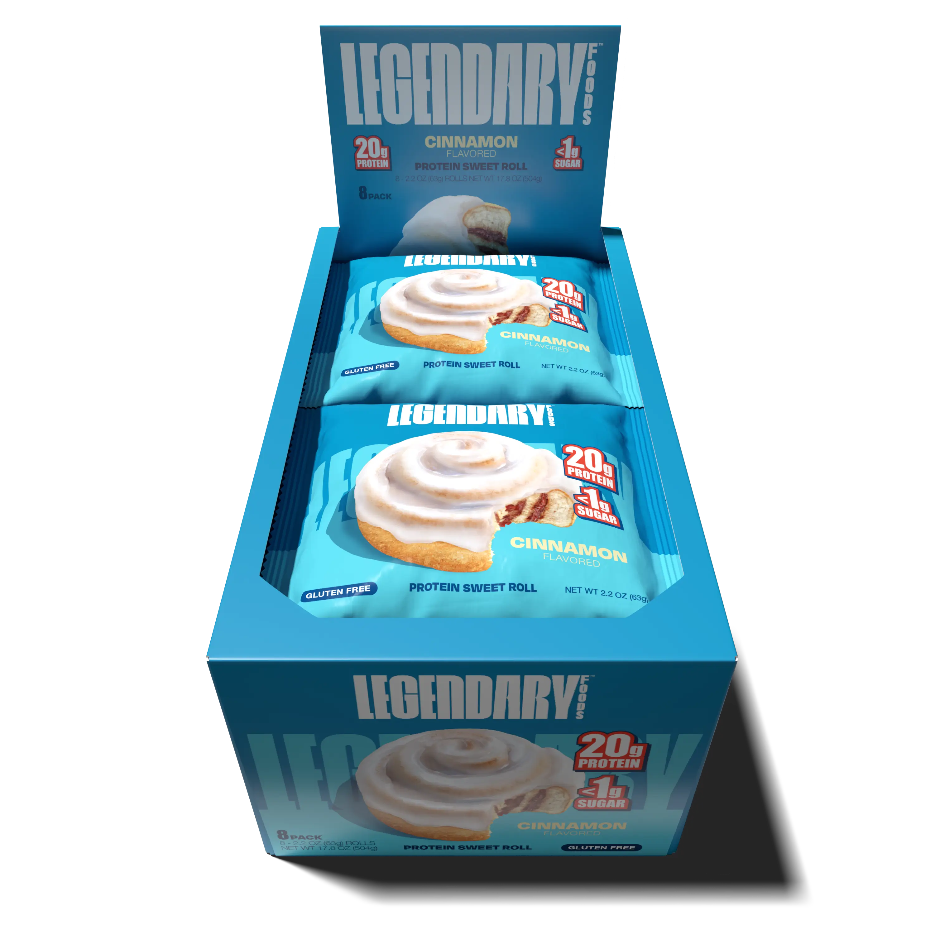 Top-down view of an open box of Legendary Foods Cinnamon Protein Sweet Roll